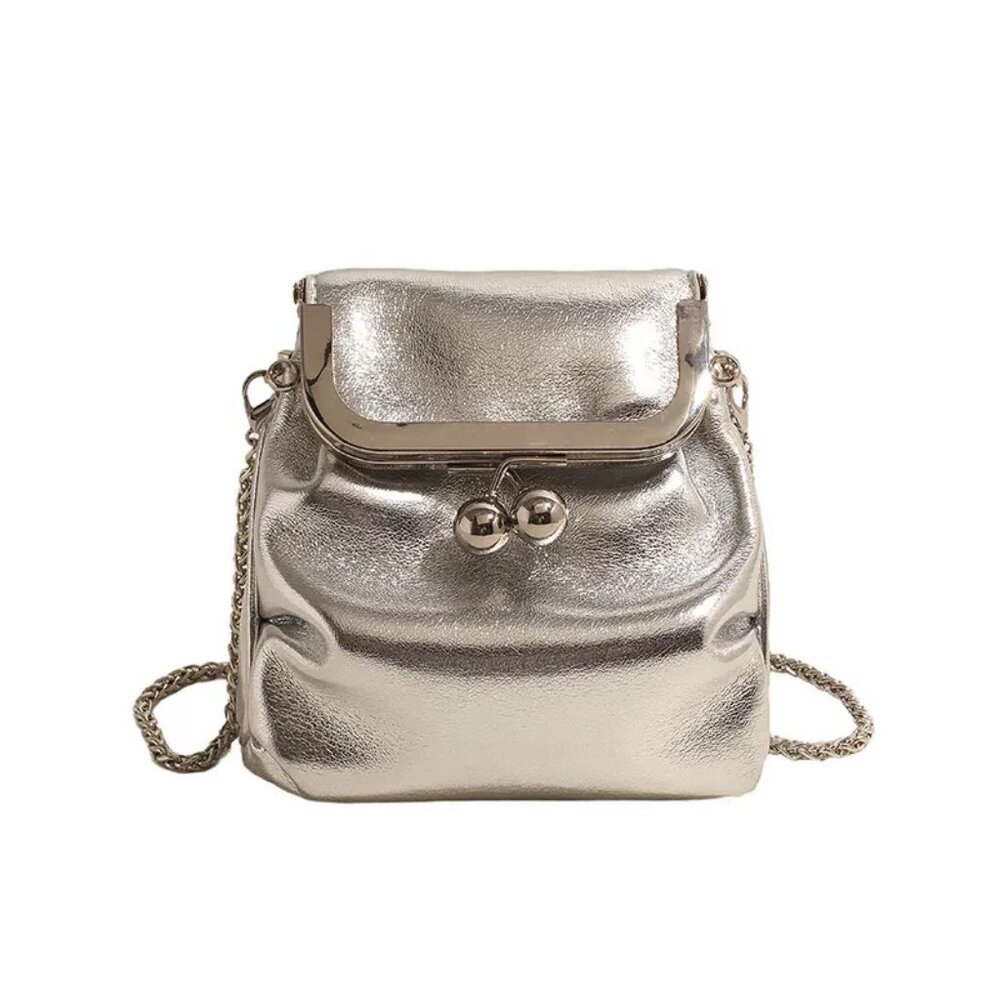 Kisslock Flap Chain Crossbody Vegan Leather Minimalist Clutch Bag